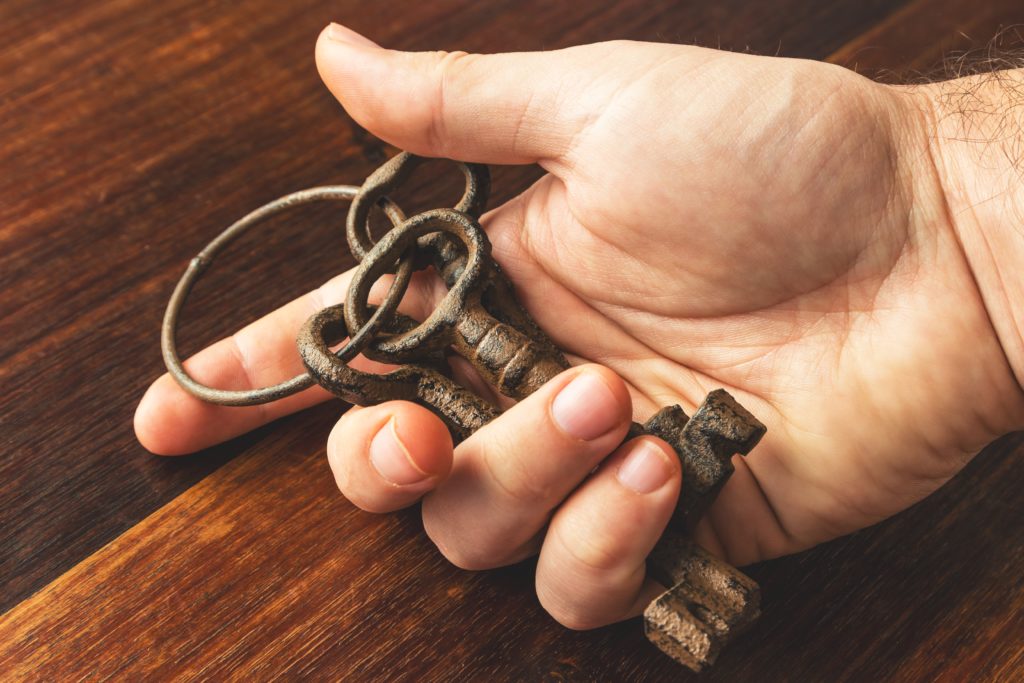 l'image représente une main tenant un trousseau de clefs composé de trois clefs qui évoquent les trois axes sur lesquels s'appuient La Luciole : l'égalité, la non discrimination et l'accessibilité.