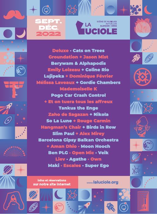 Affiche annonçant les têtes d'affiches des concerts de La Luciole de la saison se situant de septembre à décembre 2022.